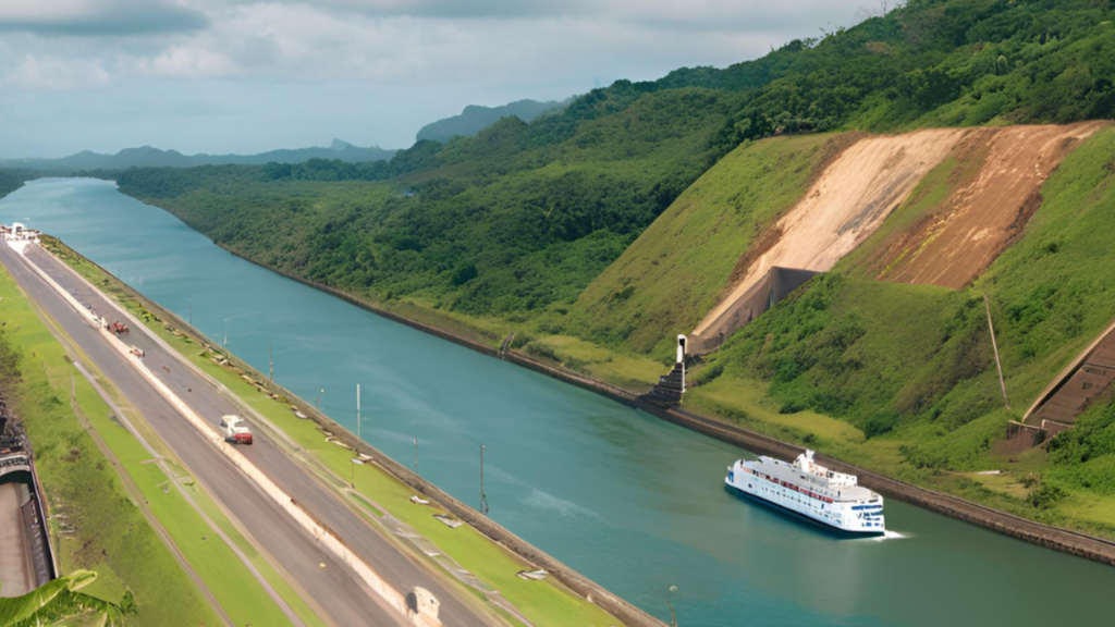 A white cruise ship navigates through a narrow canal surrounded by lush green hills on a cloudy day, with a road running parallel to the waterway on the left side.