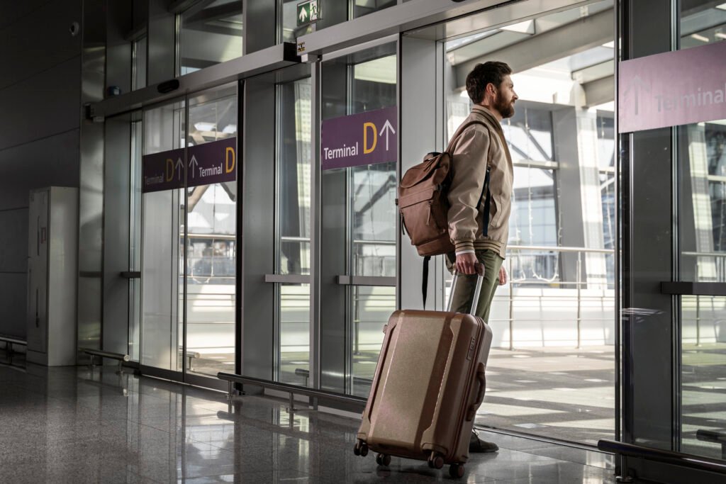 A man stand with hold a bag and waiting at airport